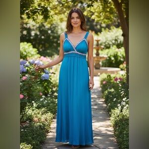 Betsey Johnson Teal Empire Waist Maxi Dress Floral Trim Size M